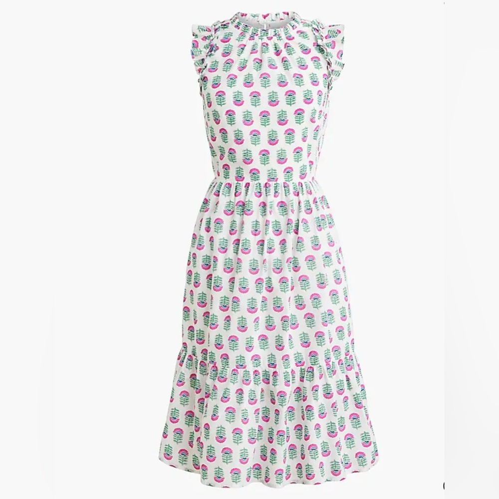 J Crew Midi Cotton Print Dress with Ruffle Sleeves and pockets Size 6 NWT